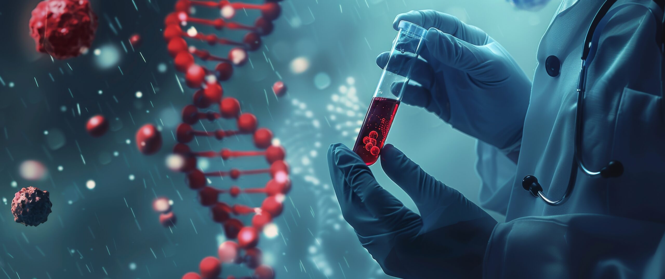 scientist holding medical testing tubes or vials of medical pharmaceutical research with blood cells and virus